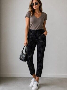 Lisette L Montreal Women Polka Dot Pull- On Slimming Pants- Black/ White Size 8